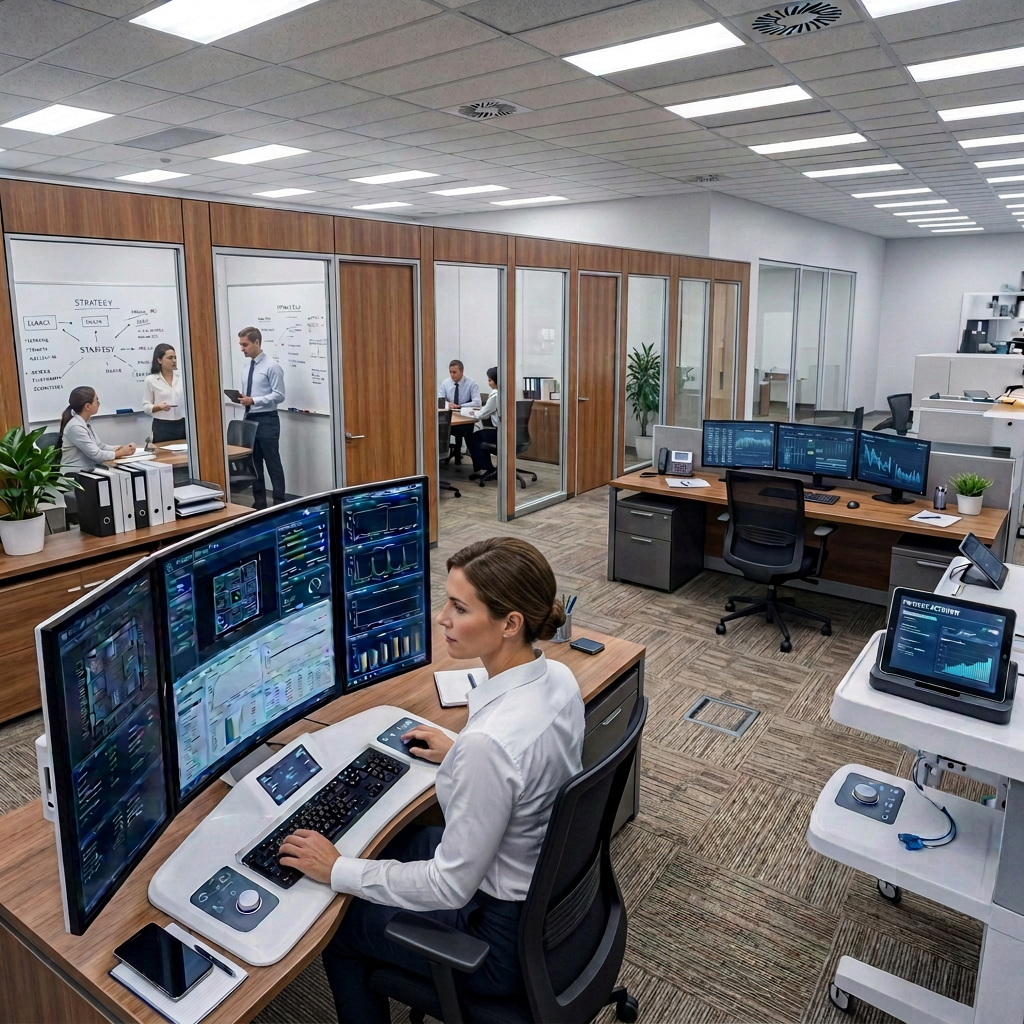 Technicians in cleanroom suits operating semiconductor manufacturing equipment